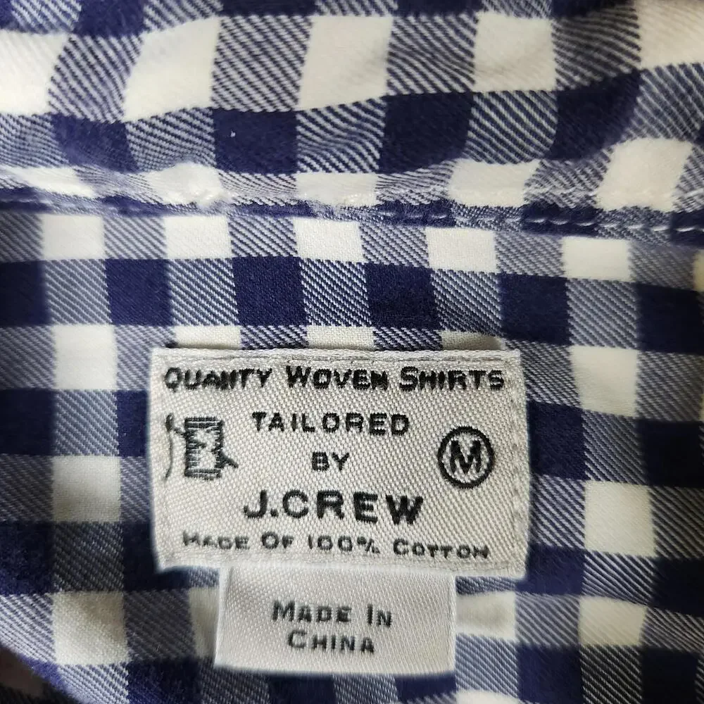 J.Crew M Navy White Gingham Button Down Shirt Vtg Style‎ 100% Cotton Tailored